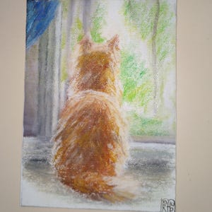 Peinture à l'huile originale pastel à l'huile peinture semi-abstraite peinture originale herbe à chat chat rouge soleil d'été regarde par la fenêtre