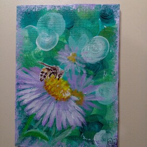 ACEO Pintura original Arte ACEO tarjetas Aceo pintura acrílica Aceo pequeña pintura original 2.5X3.5 in abeja obrera flor verdes brillantes