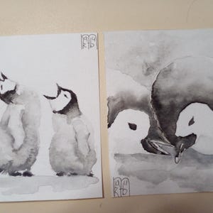 ACEO set Original Malerei Fotoalbum Kleiner Pinguin Art ACEO Zwei Karten Semi Abstract Aquarell 3.5X2.5 in painting