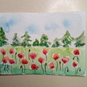 ACEO Original Gemälde Mohnblumen im Wald Art ACEO Karten Aquarell 2.5X3.5 in