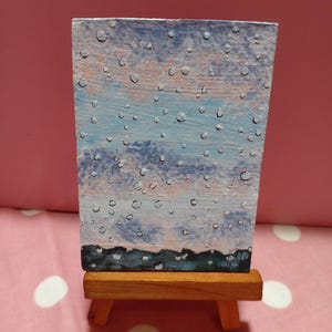 ACEO Origineel schilderij Art ACEO-kaarten acrylschilderij klein origineel schilderij 3,5 x 2,5 in landschapsregen buiten het raam regendruppels