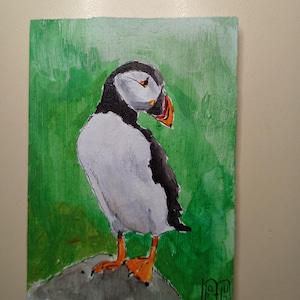 Pintura original Arte ACEO tarjetas pintura acrílica pequeña pintura original 3,5 pulgadas X 2,5 pulgadas pájaro ipatka fondo verde