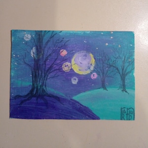 ACEO Original Art pintura luas Cartões originais Aceo óleo pastel pequena pintura original 2,5X3,5 em mundo de fantasia planetas paisagem