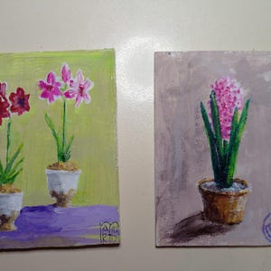 ACEO set origineel schilderij bloemen in potten hyacint amaryllis kunst ACEO twee kaarten acryl schilderij klein origineel schilderij 3,5 x 2,5 inch
