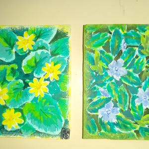 Conjunto ACEO Pintura original flores da primaveraArte Arte ACEO Dois cartões pintura acrílica pequena pintura original 2,5X3,5 em pervinca ficaria verna