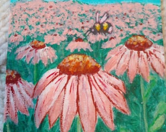 Echinacea Bumblebee Painting: Miniature Acrylic ACEO Art
