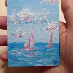Pintura original ACEO, paisagem marinha, veleiros, arte, cartões ACEO, pintura a óleo Aceo, pequena pintura original Aceo, 2,5 x 3,5 pol., paisagem marinha