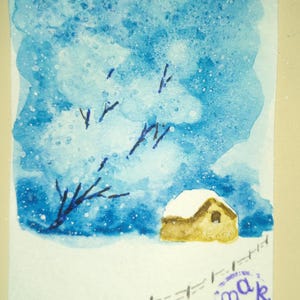 Pintura de acuarela original de ACEO Cabaña de guardabosques Tarjetas de arte ACEO Pintura 3,5 X 2,5 pulgadas Paisaje nevado de invierno