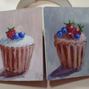Conjunto ACEO Pintura original cupcake Art ACEO Duas cartas Aceo pintura acrílica Aceo pequena pintura original 3,5X2,5 em comida