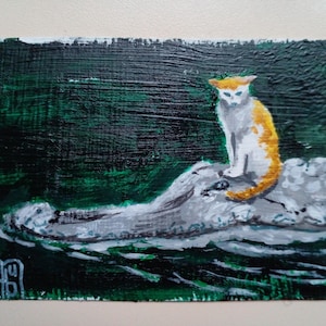 ACEO Dipinto originale gatto su un coccodrillo Arte ACEO carte Aceo dipinto acrilico Aceo piccolo dipinto originale 2,5X3,5 in pittura