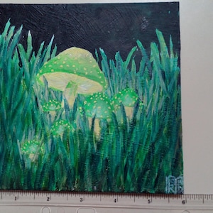 Pintura Original acrílico flyagaric cogumelos brilhantes Pintura de arte Pintura original cogumelos fly agaric branco na grama