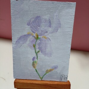 ACEO Original Art pintura flores Arte ACEO cartões pintura acrílica pequena pintura original 3,5 pol X2,5 pol flor íris fundo cinza