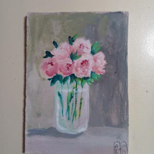 ACEO Originalkunst Malerei Blumen Originalkarten Aceo Acryl kleine 3.5X2.5 in Blumen Stilleben rosa Pfingstrosen in einer Vase grauen Hintergrund