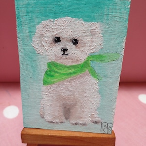 Pintura de arte original de ACEO, perro, arte de ACEO, tarjetas, pintura acrílica, 3,5 x 2,5 pulgadas, perro blanco, perro faldero, fondo turquesa, bonito