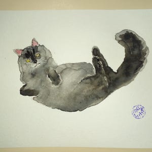 Original Fat Cat Watercolor Painting: Semi-Abstract Art (5.9x8.14)
