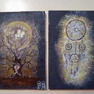 ACEO set Originalgemälde Traumfänger Tree of Horror Art ACEO Zwei Karten Acryl kleine Malerei 3.5X2.5 Mystik
