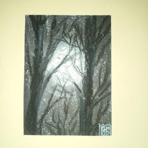 ACEO Original Kunst Malerei Mond Original Karten Aceo Öl-Pastell kleine original Malerei 9,5x7,5 cm Mond am Himmel Winterlandschaft