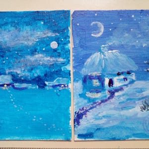 Conjunto ACEO Pintura original Cabaña ucraniana Arte agrícola ACEO Dos tarjetas pintura acrílica 3,5 X 2,5 pulgadas Luna en el cielo Paisaje nevado invernal