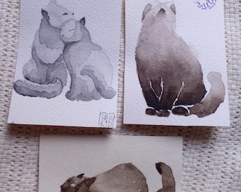 Black Cat Watercolor ACEO: Original Small Painting (3.5x2.5 in)
