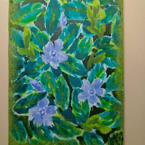 ACEO Pintura original Arte ACEO cartões Aceo pintura acrílica pequena pintura original 2,5X3,5 em flores de primavera pervinca são azuis perenes