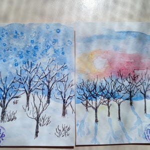 Conjunto ACEO Pintura original queda de neve Sol de inverno paisagem de neve de inverno Arte ACEO Dois cartões cartões pintura em aquarela 3,5 x 2,5 pol.