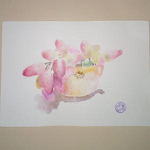 Dipinto ad acquerello originale Dipinto d'arte Dipinto originale Uva in una tazza natura morta rosa cibo fatto in casa cibo sano