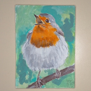 Pintura de arte original de ACEO petirrojo Arte ACEO tarjetas pintura acrílica pequeña pintura original 3,5 pulgadas X 2,5 pulgadas pequeño pájaro petirrojo fondo verde