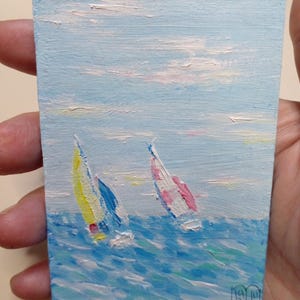 Pintura original ACEO, paisagem marinha, veleiros, arte, cartões ACEO, pintura a óleo Aceo, pequena pintura original Aceo, 2,5 x 3,5 pol., paisagem marinha