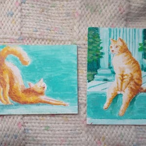 Red Cat ACEO Painting Set: Original Acrylic Art, Two Cards (2.5x3.5 in