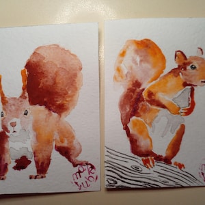 Conjunto ACEO Pintura original Esquilo vermelho Arte ACEO Duas cartas Pintura em aquarela semi abstrata Aceo pequena pintura original 3,5 x 2,5 pol.