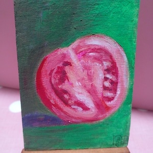 アート ACEO オリジナルカード Aceo アクリル画 Aceo 小さなオリジナル画 3.5X2.5 トマト半分 緑の背景