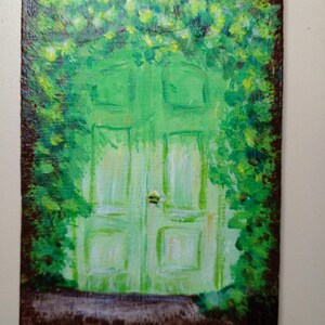 ACEO Dipinto originale Arte ACEO carte Aceo dipinto acrilico Aceo piccolo dipinto originale 2,5X3,5 in doppie porte porta verde misterioso
