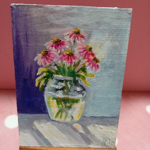 ACEO Original Art pintura flores Arte ACEO cartões pintura acrílica pintura original 2,5X3,5 em natureza morta equinácea vaso luz