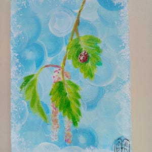 Pintura original de ACEO Arte Tarjetas ACEO Pintura acrílica Pintura original pequeña 2.5X3.5 in Mariquita Hojas verdes brillantes de primavera