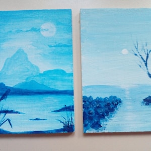 ACEO  set Original painting moon in the sky mountains river landscape Art ACEO Two cards  acrylic small original painting 3.5X2.5 in