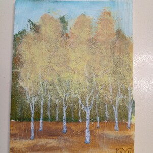 ACEO origineel schilderij kunst ACEO kaarten Aceo acryl schilderij Aceo klein origineel schilderij 3,5 x 2,5 in schilderij herfstlandschap berkenbos