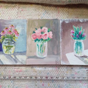 ACEO Flower Painting Set: Original Acrylic Still Life, Echinacea Art