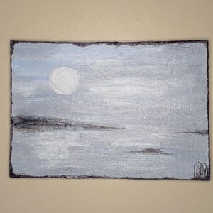 Kunst ACEO Original Karten Aceo Acrylbild Aceo kleines Originalgemälde 6X3.5 in Landschaft Mond Meer nord grau
