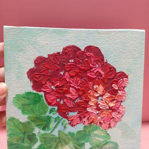 Original oil painting Art painting Original painting bright geranium flower turquoise background impasto geranium painting