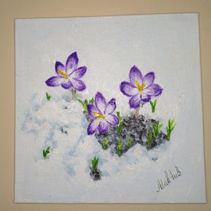 Floral  Original acrylic Painting  purple crocuses in the snow Art