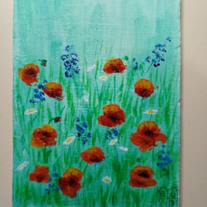 Art ACEO Original Karten Aceo Acrylbild Aceo kleines Originalgemälde 7x3,5 cm Wildblumen auf grünem Hintergrund Mohnfeld