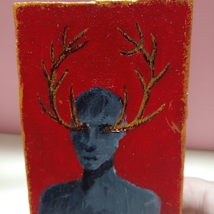 ACEO Original Malerei Kunst ACEO Karten Acrylmalerei kleine originale Malerei 2.5X3.5 gehörnte Monster rot schwarz Mystik Hörner schwarzer Mann