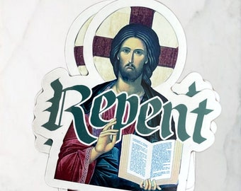 Repent, Jesus, die cut sticker, Catholic, traditional, trad, orthodox, iconography, Saintwave, Christian