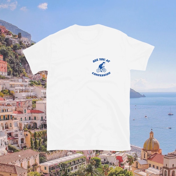 See You At Confession, Priest, Bike, Unisex, Catholic, t-shirt, tee , Saintwave, Catholicism, Bicycle, Traditional, 90s