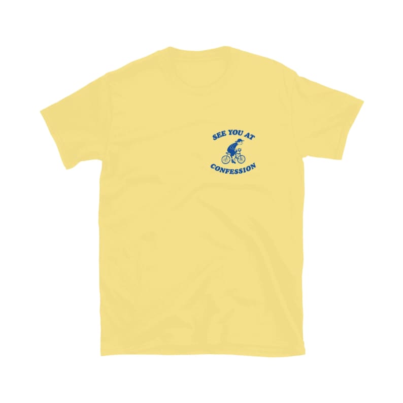 See You At Confession, Priest, Bike, Unisex, Catholic, t-shirt, tee , Saintwave, Catholicism, Bicycle, Traditional, 90s Cornsilk