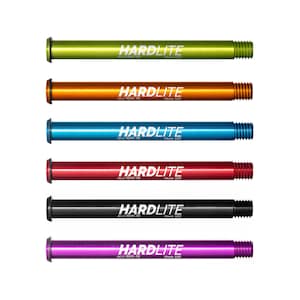 May include: Six different colored thru-axle skewers for bicycles. The skewers are made of aluminum and have a black HARDLITE logo with the text "ALU 7075-T6 Maxle 122".