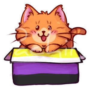 K&ouml;nnte beinhalten: Eine orangefarbene Comic-Katze mit einem gl&uuml;cklichen Gesichtsausdruck sitzt auf einem Kasten mit den Farben der Non-Binary-Pride-Flagge. Der Kasten ist gelb, wei&szlig;, lila, schwarz und wei&szlig;.