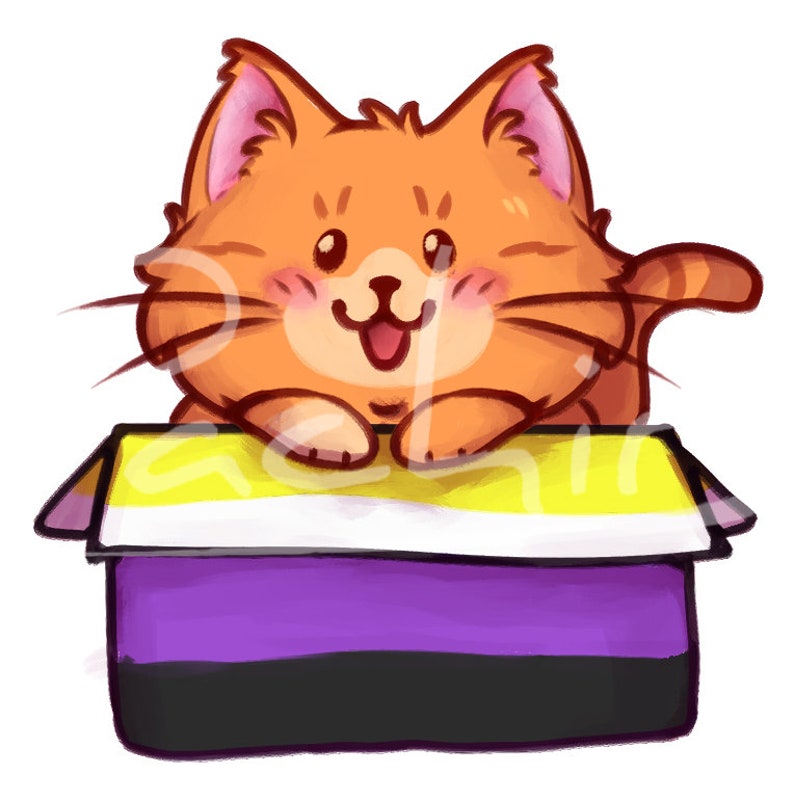 K&ouml;nnte beinhalten: Eine orangefarbene Comic-Katze mit einem gl&uuml;cklichen Gesichtsausdruck sitzt auf einem Kasten mit den Farben der Non-Binary-Pride-Flagge. Der Kasten ist gelb, wei&szlig;, lila, schwarz und wei&szlig;.