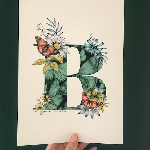 A-Z Butterfly Initial Print - Green print | Typography | Botanical Print | butterfly Print | Hand-drawn Print