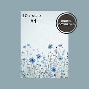 Zestaw papierów do notatników Floral Blue Wildflowers. Papier do notatników do wydrukowania na karty, notatki i listy. Cyfrowe materiały piśmiennicze do pobrania do natychmiastowego użycia